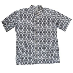 Reyn Spooner Shirt Mens M White Navy Blue Fan Print Short Sleeve Button Down